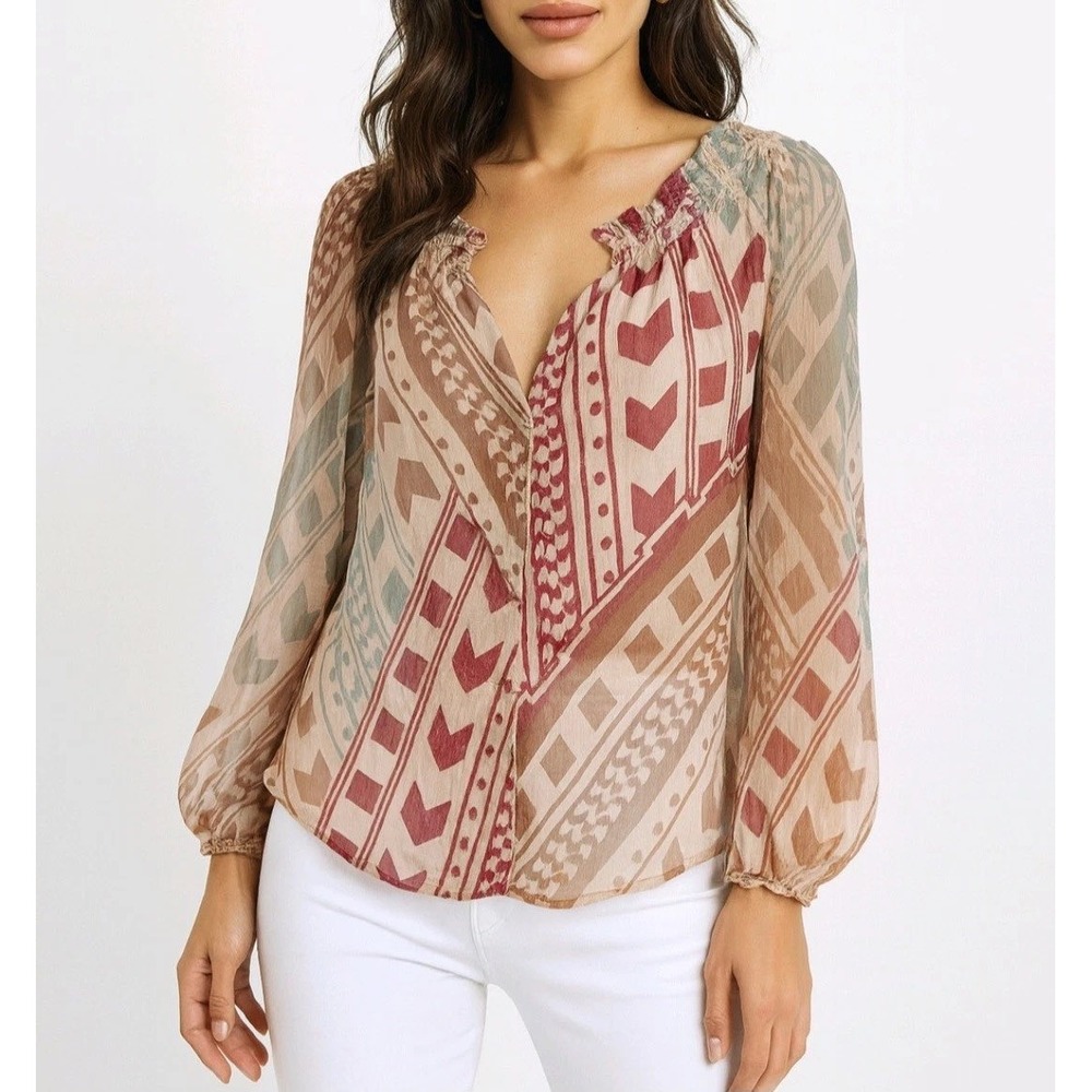 Dolan Left Coast 100% Silk Geometric Print Blouse Boho Smocked Top Medium d5